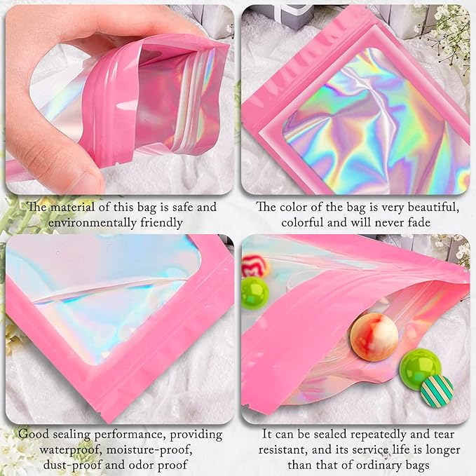 100 Pack Holographic Bags, Resealable Bags Packaging Bag with Clear Window Resealable Odor Foil Pouch for Food Storage, Lipgloss&Jewelry Lash Packaging(Pink, 2.4 x 3.9 Inch)-GlimoraGlow