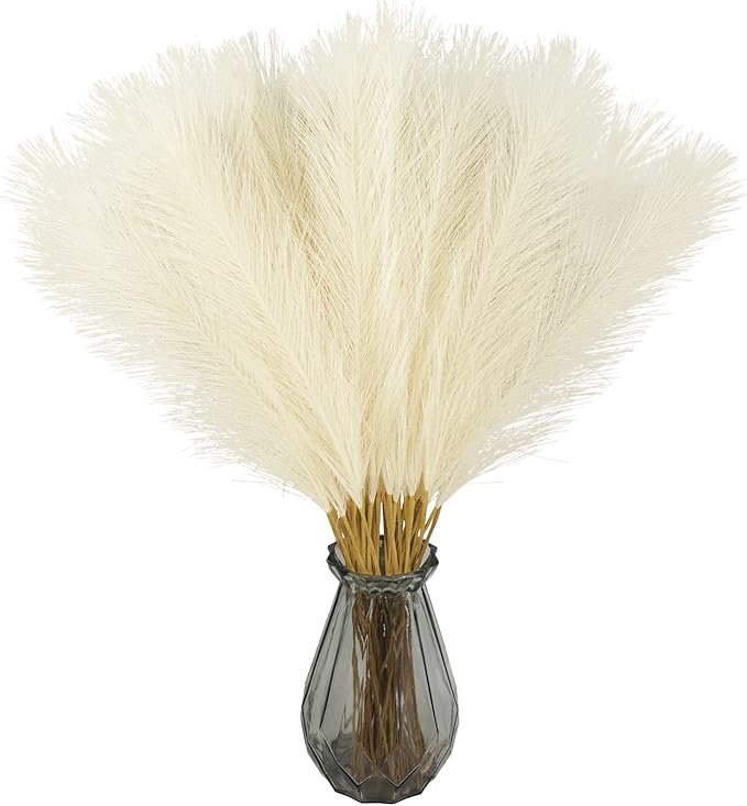 50PCS Faux Pampas Grass, 21.6" Short Artificial Pompous Grass Floral Fake Pompas Grass Branches Vase Filler Flower Arrangement for Home Wedding Boho Decor, Beige