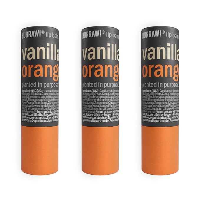 Hurraw! Vanilla & Orange Lip Balm, 3 Pack: Plastic-Free with new cardboard push-up tube. Certified Organic, All Natural Origin, Vegan & Cruelty Free. Gluten, Bee, Shea, Soy & Palm Free. Made in USA-GlimoraGlow