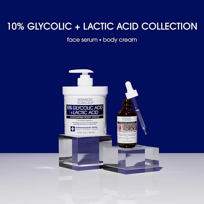 Advanced Clinicals 10% Glycolic Acid + Lactic Acid Lotion Exfoliant Moisturizing Cream With Hyaluronic Acid Moisturizer | AHA Exfoliating Body Cream Improves Look Of Uneven Rough Skin Texture, 2-Pack-GlimoraGlow
