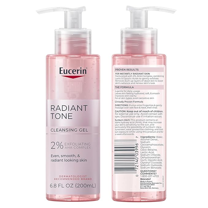 Eucerin Radiant Tone Face Cleanser Gel with 2% Exfoliating AHA Complex, Gentle Face Wash Improves Skin Clarity and Boosts Radiance, All Skin Types, 6.8 Fl Oz Bottle-GlimoraGlow