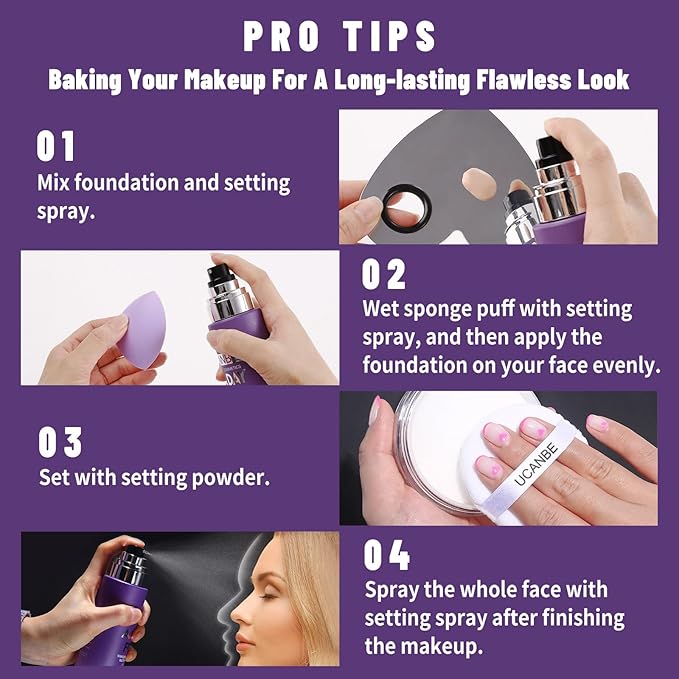 UCANBEMAKUP Long Lasting Makeup Setting Spray Kit- 6.76 Fl oz Hydrating Matte Finish Mist Lightweight Face Make up Fixer +Translucent Loose Setting Powder+2PC Sponge Puff Set-GlimoraGlow