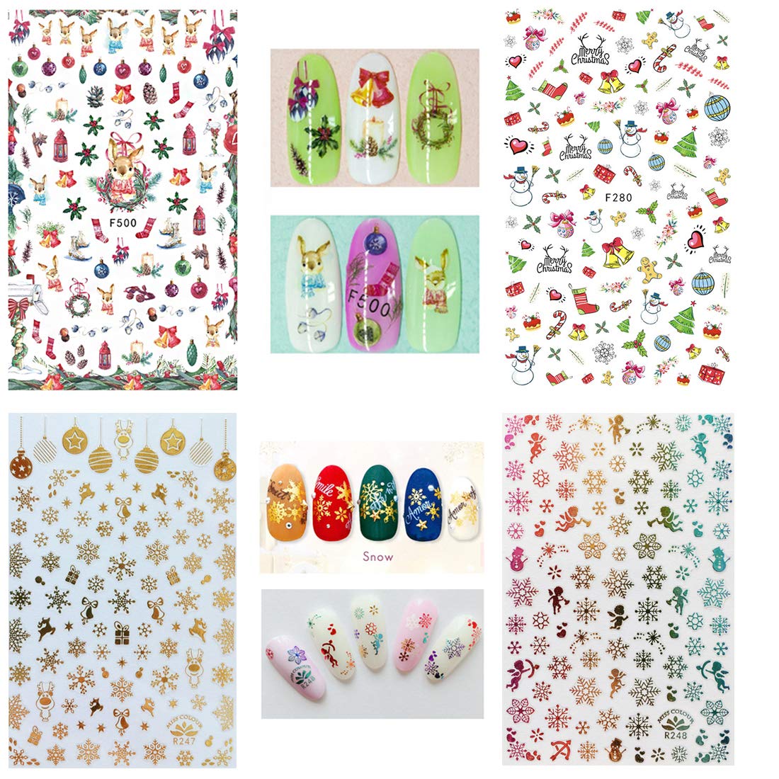 1000 Patterns Christmas nail art sticker decals, Kalolary Self-Adhesive Nail Stickers Santa Claus Snowflake Snowman Christmas Bell Tree Stick Elk for Christams Nail Decoration Gift(12 Sheets)-GlimoraGlow