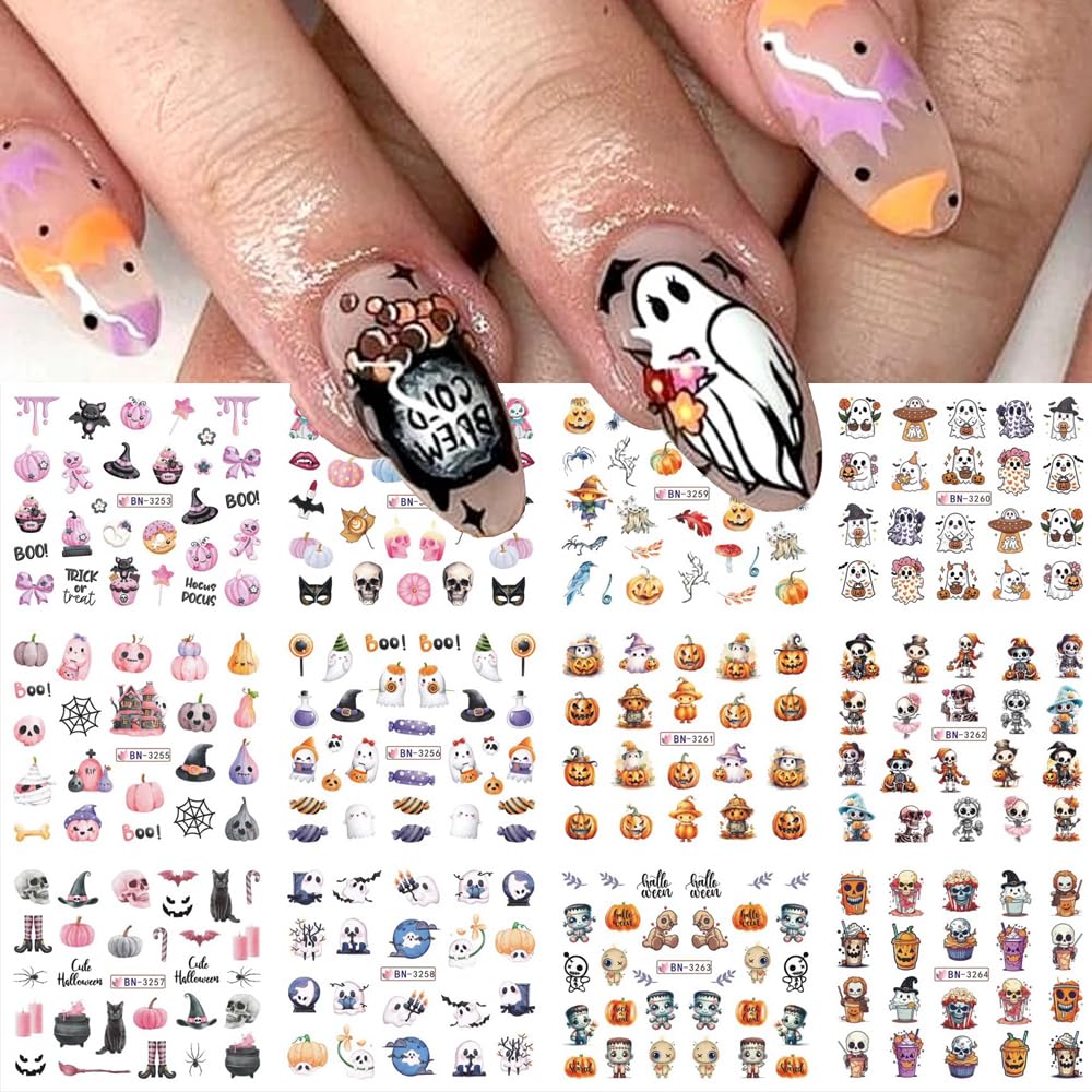 12 Sheets Halloween Nail Art Stickers Pink Pumpkin Water Transfer Nail Decals Cute Ghost Spider Skeleton Acrylic Nail Stickers for Women DIY Manicure Tips Halloween Nail Art Decorations Supplies-GlimoraGlow
