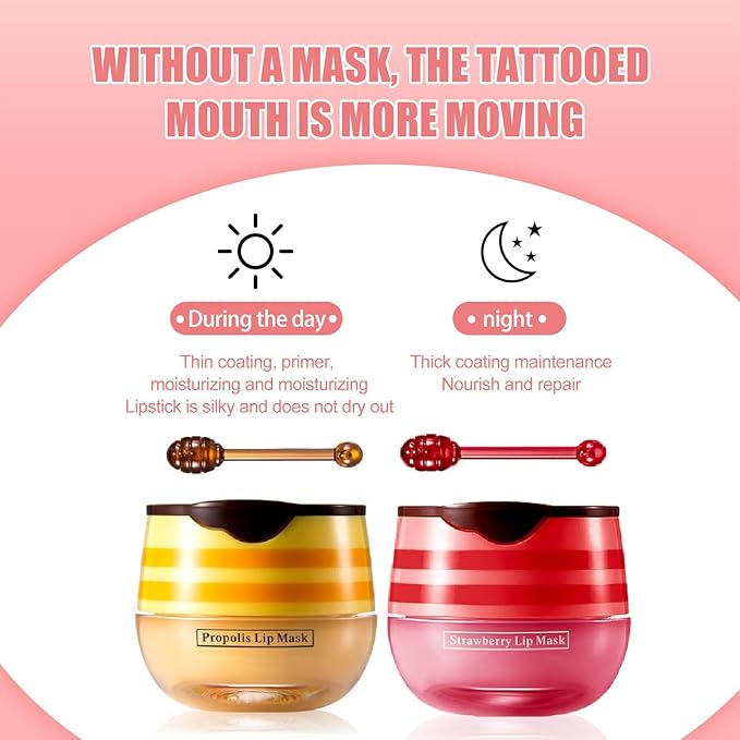 2 Pcs Lip Balm Honey Pot, Honey & Strawberry Moisturizing Lip Mask Reduces Lip Lines and Exfoliator, Prevention Dry & Cracked Lip. (Honey & Strawberry)-GlimoraGlow