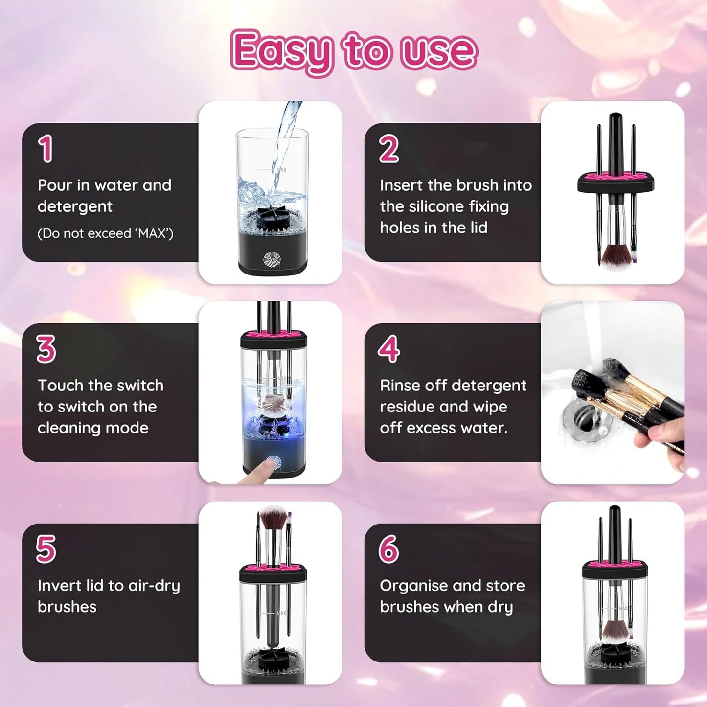 Electric Makeup Brush Cleaner Machine, Ultimate Efficient Automatic Cleaner for All Types of Makeup Brushes - Black Pink-GlimoraGlow