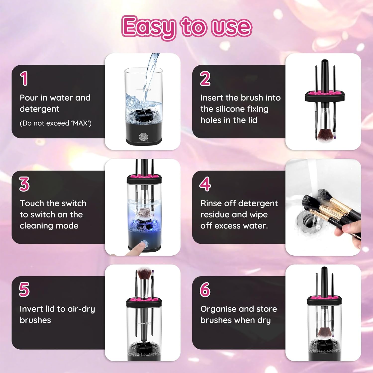 Electric Makeup Brush Cleaner Machine, Ultimate Efficient Automatic Cleaner for All Types of Makeup Brushes - Black Pink-GlimoraGlow