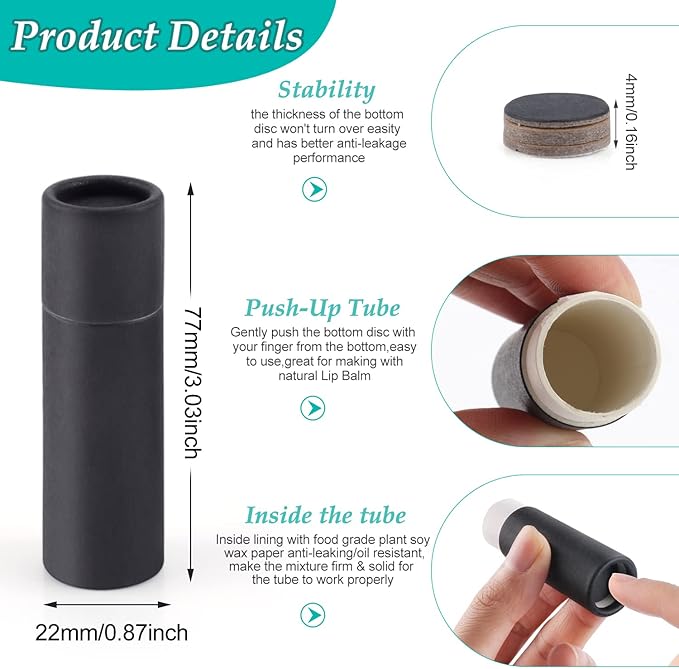 15 Pcs 0.3 oz Paperboard Lip Balm Tubes,Empty Kraft Paper Chapstick Tube Holder,Push-Up Style Biodegradable Solid Perfume Lip Gloss Container for DIY Homemade Balm Container,Natural Packaging- Black-GlimoraGlow