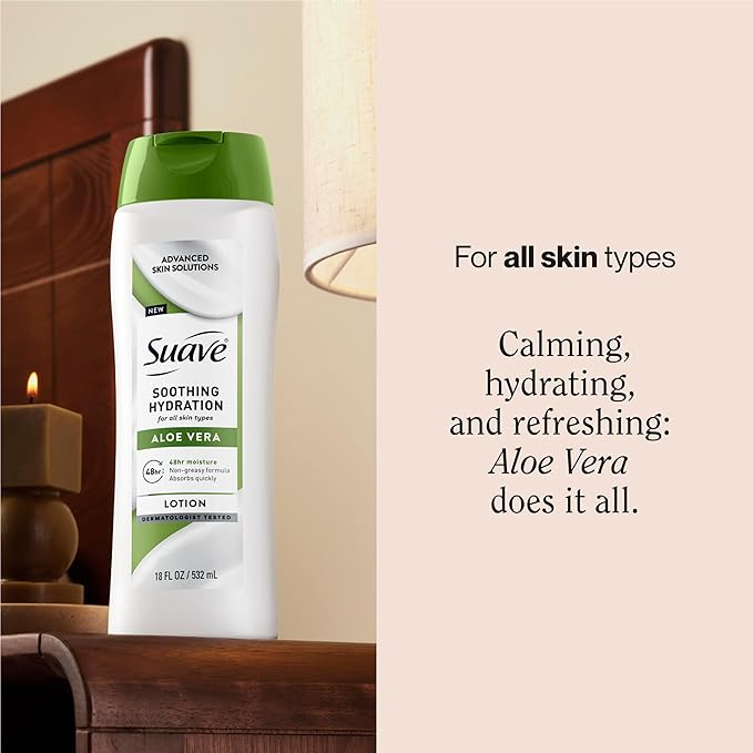 Suave Soothing Hydration Hand & Body Lotion With Aloe Vera Refreshes Dry Skin, Fast Absorbing, Intensive Moisturizing Cream For Women, Non Greasy, Allergen Free, 18 FL OZ, 6 Pack-GlimoraGlow