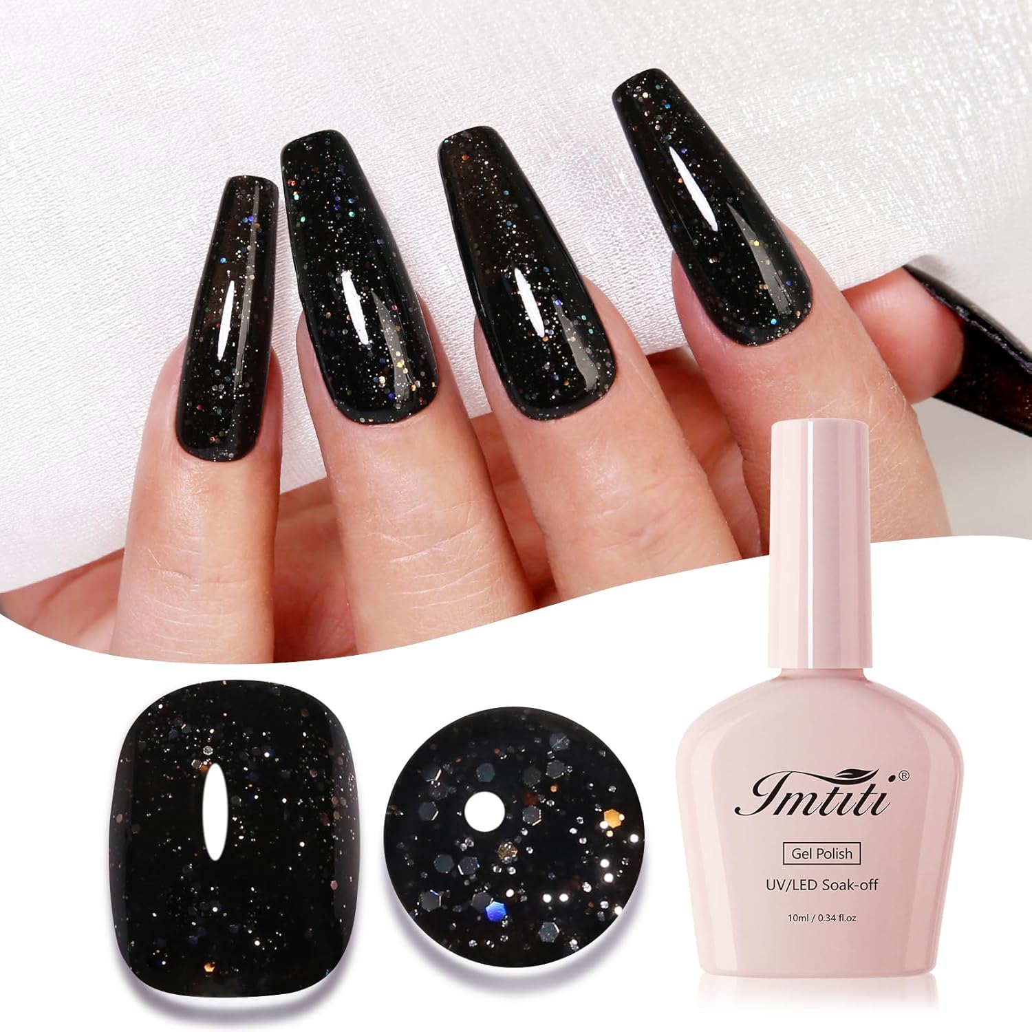 Imtiti Glitter Gel Nail Polish, Black Iridescent Glitter Gel Polish Diamond Shimmer Sparkle Soak Off UV LED Autumn Winter Manicure 10ML-GlimoraGlow