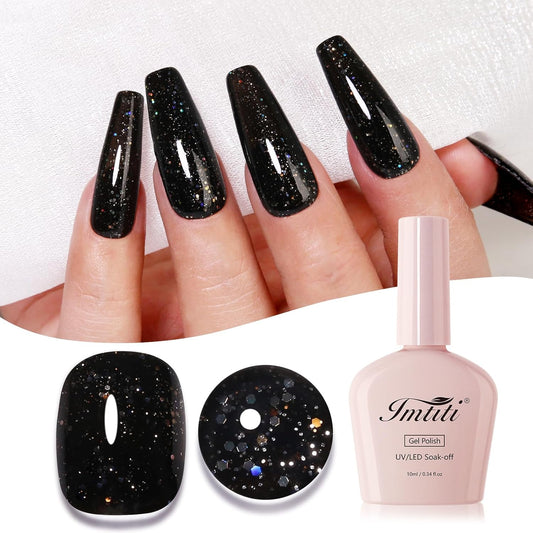 Imtiti Glitter Gel Nail Polish, Black Iridescent Glitter Gel Polish Diamond Shimmer Sparkle Soak Off UV LED Autumn Winter Manicure 10ML-GlimoraGlow