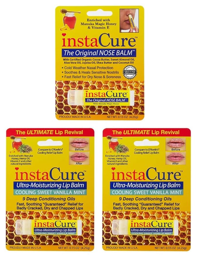 InstaCure Original Nose Balm With Raw Manuka Honey Vitamin E Shea Butter Aloe Vera Oil And Vanilla Mint Ultra-Moisturizing Max Repair/Protective Lip Balm - Fast Relief for Dry Nose & Soreness (3 Pack)-GlimoraGlow