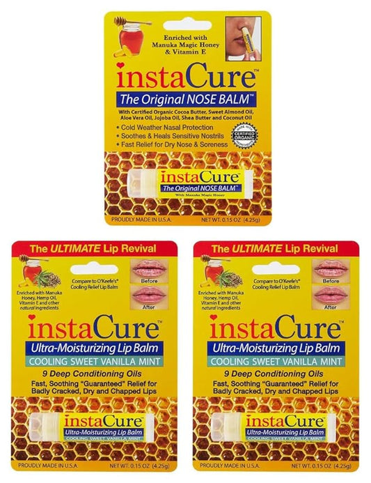 InstaCure Original Nose Balm With Raw Manuka Honey Vitamin E Shea Butter Aloe Vera Oil And Vanilla Mint Ultra-Moisturizing Max Repair/Protective Lip Balm - Fast Relief for Dry Nose & Soreness (3 Pack)-GlimoraGlow