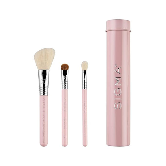 Sigma Beauty Travel Essential Trio - Makeup Brush Set for Foundation Powder Eyeshadow - 3 Tool Brushes with Brush Tin Holder - - Skin Safe, Vegan Makeup Brushes for Travel - Light Pink-GlimoraGlow