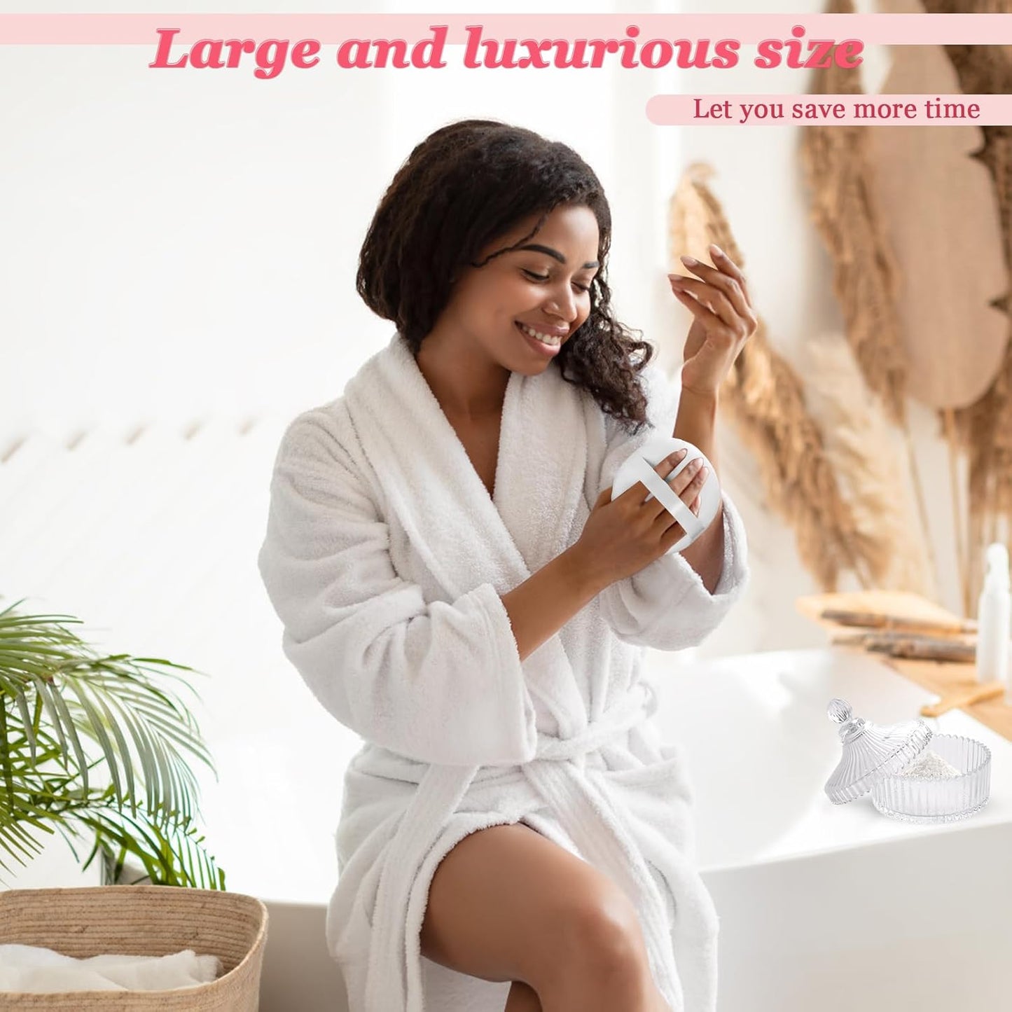 2Pcs Extra Large Body Powder Puff & Luxury 6" Glass Jar Dusting Powder Container with Puff for Women Bath Powder Puffs Perfect for Talcum or Loose Powder (White)-GlimoraGlow