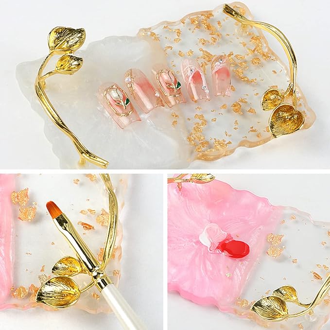 2023 Retro Nail Art Palette, Nail Painting Mixed Color Palette with Leaves Handle, Nail Holder Gel Color Makeup Display Board Pallet (Pink)-GlimoraGlow