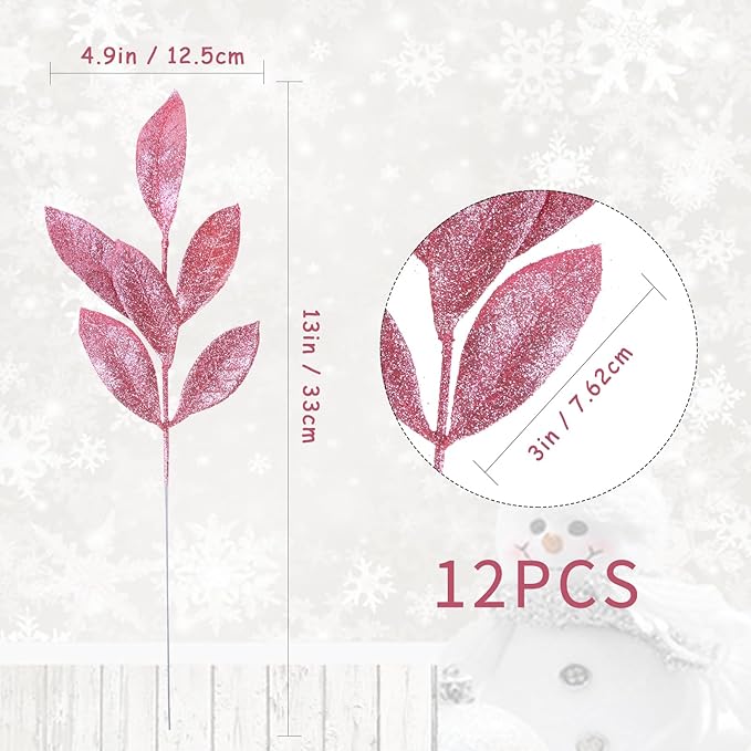 GREENTIME 12 Pack Artificial Pink Glitter Leaves 13" Fake Christmas Picks Decorative Glitter Sticks for Vase Christmas Tree DIY Wreath Crafts Fireplace Decor