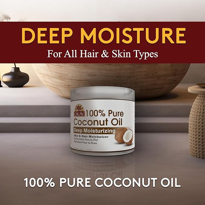Okay 100% Pure Coconut Oil for Hair & Skin - Coconut Oil for Women & Men, Perfect for Hair & body, Natural Massage Oil & Moisturizer - 6 fl oz Jar (Pack of 1)-GlimoraGlow