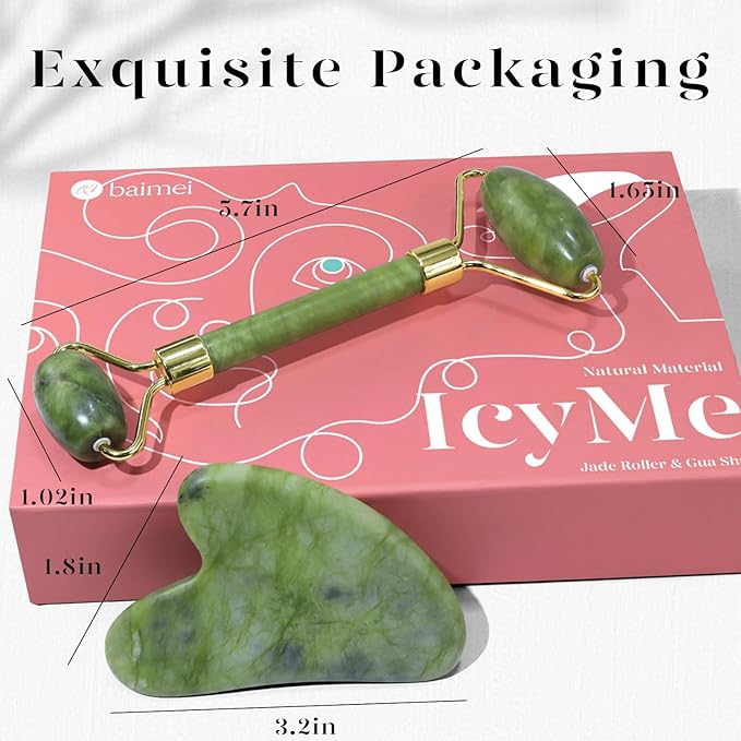 BAIMEI IcyMe Gua Sha & Jade Roller Facial Tools Face Roller and Gua Sha Set for Puffiness and Redness Reducing Skin Care Routine, Self Care Gift for Men Women - Green-GlimoraGlow