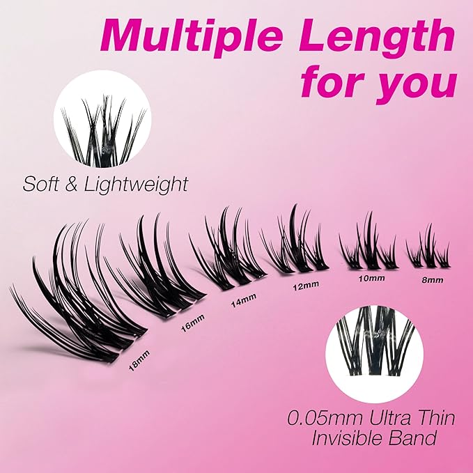 VEYESBEAUTY Lash Clusters Kit Eyelash Extensions Thin & Invisible Band Individual False Eyelashes Newbie's Five-Second Series Wispy Lash Tray for Self-application, Camellia Lashes 8-18mm Mixed Length-GlimoraGlow