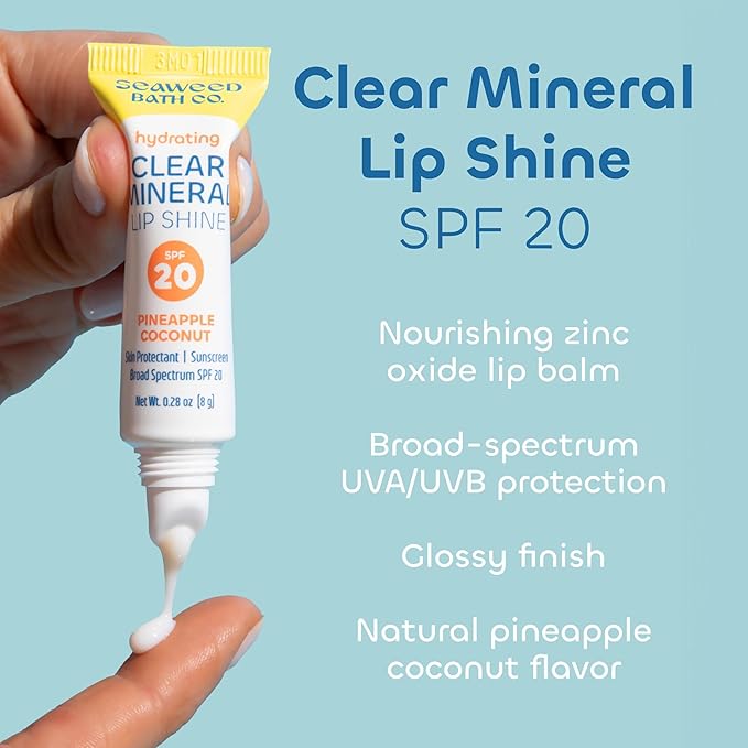 Seaweed Bath Co. Hydrating Clear Mineral Lip Shine SPF 20 Sunscreen Zinc Oxide Lip Balm, 0.28 Oz, Moisturizing Care for Dry, Chapped Lips-GlimoraGlow