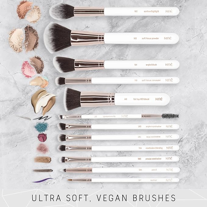 Niré Beauty White 15piece Award Winning Professional Makeup Brush Set: Vegan Makeup Brushes with Case, Makeup Sponge, Cleaner, Guide, Gift Box-GlimoraGlow