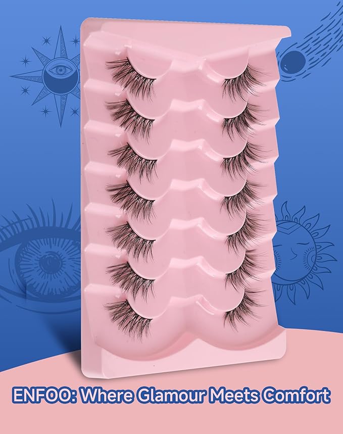 Half Lashes Natural Eyelashes 3/4 Wispy Lashes Natural Look Cat Eyelash False Corner Lash Long Strip Fluffy Pack 7 Pairs 16MM D18-GlimoraGlow