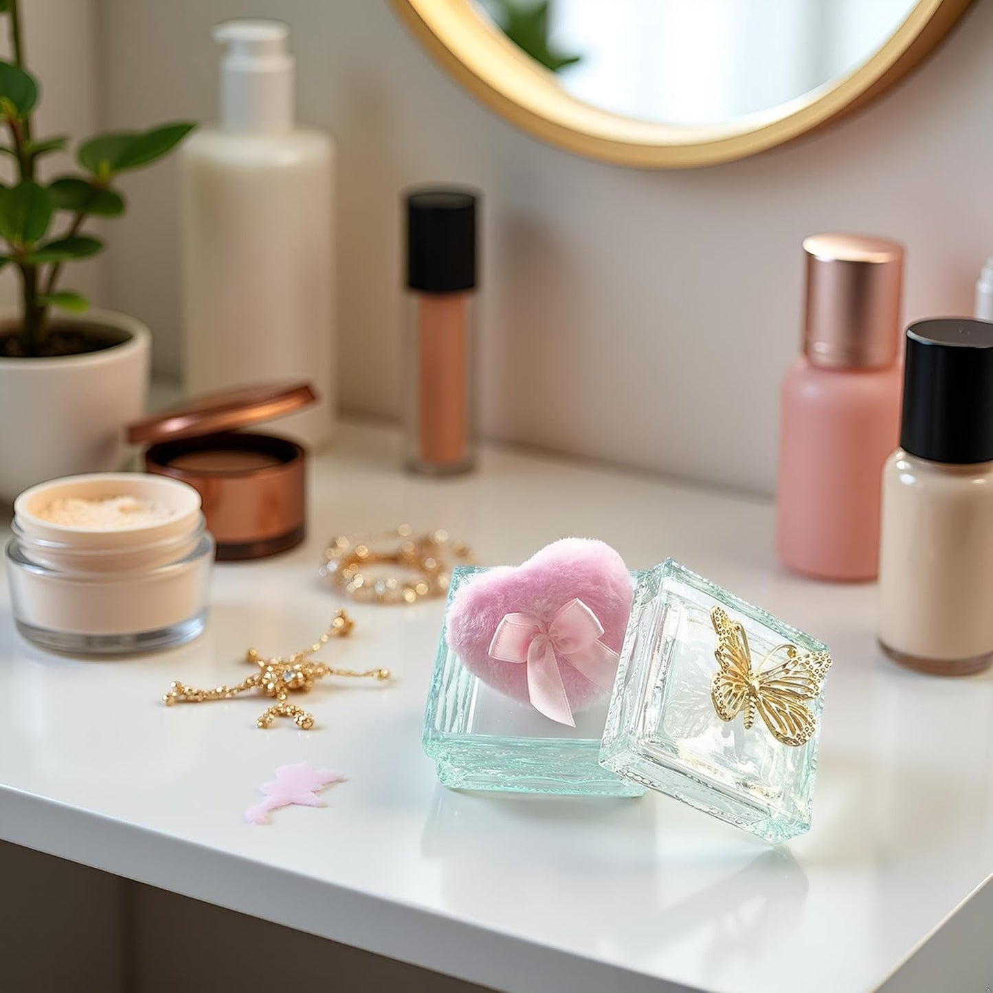 Body Powder Puff and Container - Glass Dusting Powder Container with Soft Puffs Vintage Powder Puff Case for Women & Girls (3.23x3.23x2.95 H IN) - GRB016-Light Green-GlimoraGlow