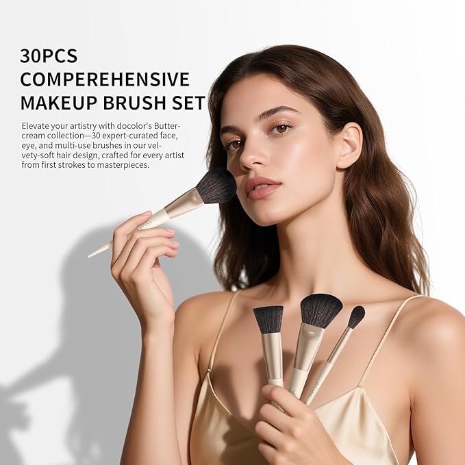 Docolor Makeup Brushes Set Professional 30Pcs Makeup Brushes Premium Synthetic Powder Kabuki Foundation Contour Blush Concealer Eye Shadow Blending Eyeliner Crease Eyebrow Make Up Brush Kit - Beige-GlimoraGlow