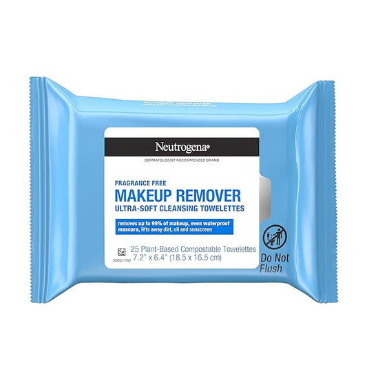 Neutrogena Fragrance-Free Makeup Remover Wipes, Daily Facial Cleanser Towelettes, Gently Removes Oil & Makeup, Alcohol-Free Makeup Wipes, 25 ct-GlimoraGlow