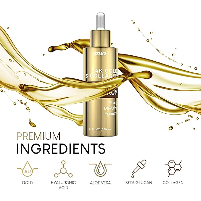 AZURE 24K Gold & Collagen Anti Aging Eye Serum - Firming, De-Puffing & Hydrating | Reduces Wrinkles, Fine Lines & Under Eye Bags | Minimize Signs of Aging | Made in Korea - 60mL-GlimoraGlow
