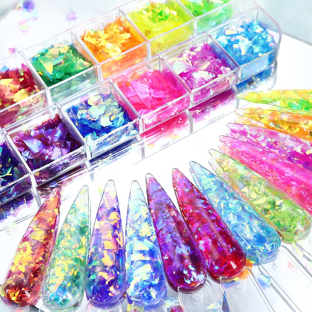 12Grids Holographic Mermaid Colorful Nail Art Glitter,Irregular Rainbow Candy Color Nail Art Flakes Sequins Gradient Bright Ice Slag Nail Sequins Summer Metallic Foil Nail Supplies DIY Nail Decoration-GlimoraGlow