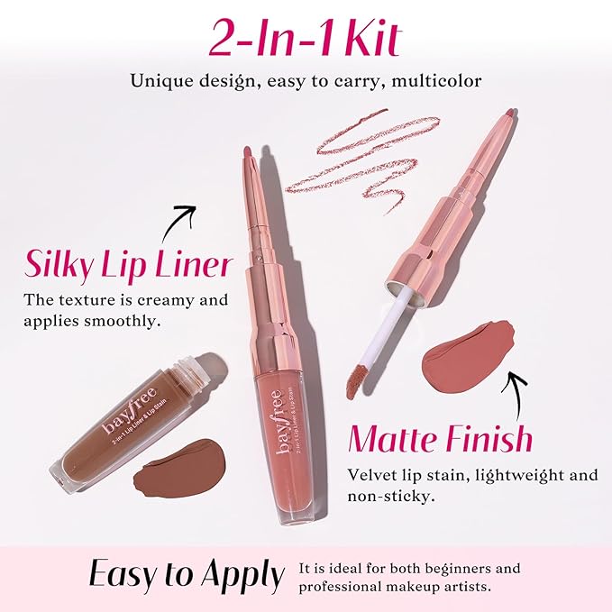 2 PCS Lip Liner and Lip Stain Combo Set, High Pigmented Long Lasting Velvet Lip Tint, Well-Defined Lipliner, Weightless Waterproof Not Animal Tested, Matte Finish Makeup-GlimoraGlow