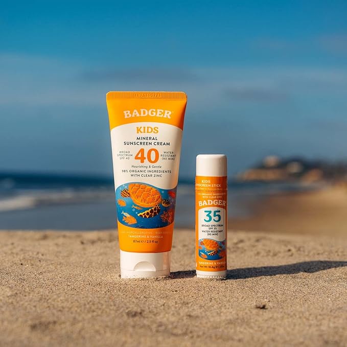 Badger Kids Mineral Sunscreen Combo, SPF 40 Cream + SPF 35 Kids Face Stick, Organic Sunscreens w/Mineral Zinc Oxide, Water Resistant, Reef Safe Broad Spectrum, Tangerine & Vanilla Scent, 2-Count-GlimoraGlow