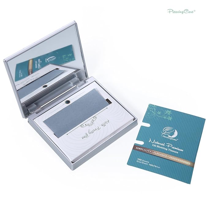 Makeup Mirror with Facial Oil Blotting Paper Sheets - Bamboo Charcoal 100 Counts, Silver Compact Folding Cosmetic Travel Mirror-GlimoraGlow