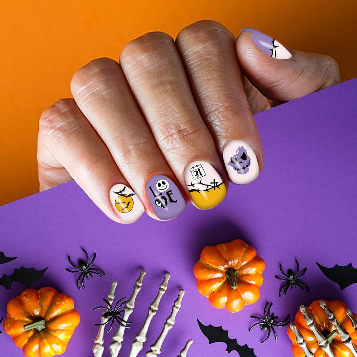 12 Sheets Halloween Nail Wraps Stickers, Nail Polish Strips DIY Self-Adhesive Full Glitter Nail Art Decals Pumpkin Bat Ghost Spider Skull Pattern with 2 Piece Nail Files for Party Decor (168 Pieces)-GlimoraGlow