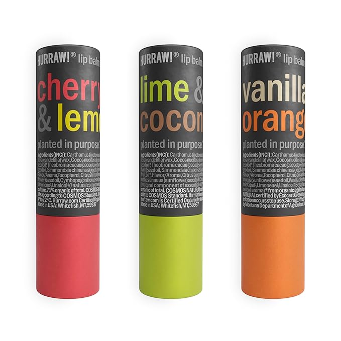 Hurraw! Cherry Lemon, Lime Coconut, and Vanilla Orange Lip Balm 3 Pack Bundle: Plastic-Free with new cardboard push-up tube. Certified Organic, Natural & Vegan. Bee, Shea, Soy & Palm Free. Made in USA-GlimoraGlow