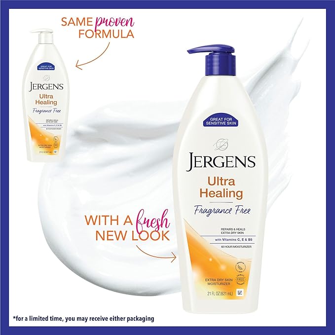Jergens Ultra Healing Dry Skin Lotion, Hand and Body Moisturizer for Quick Absorption into Extra Dry Skin with Hydralucence Blend, Vitamins C, E and B5, White, 21 oz-GlimoraGlow