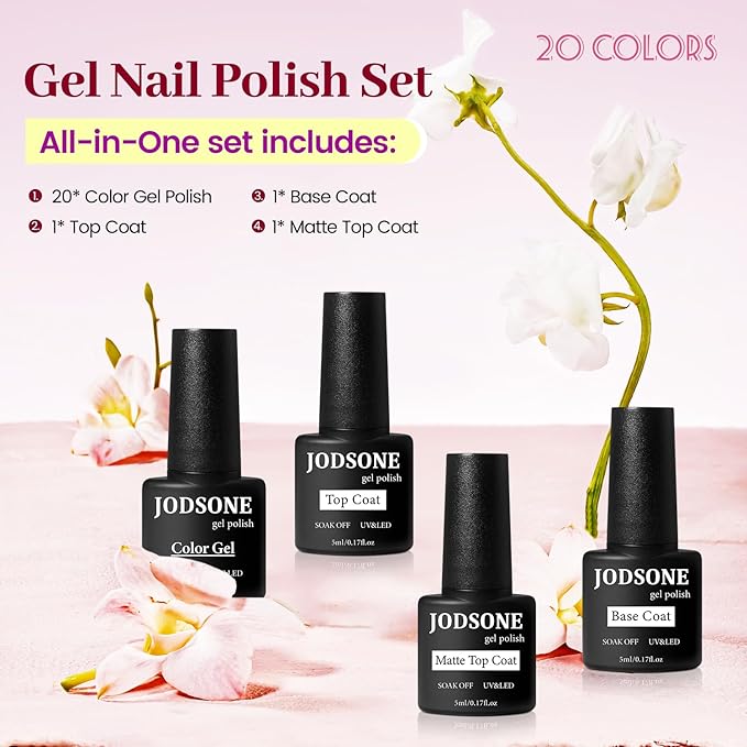 JODSONE 23 PCS Gel Polish Kit Colorful Fashion Classic Nail Gel Set 3 Bottles of Base Coat Matte and Glossy Top Coat-GlimoraGlow