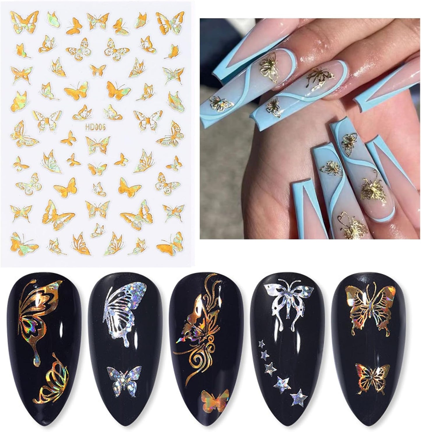 16 Sheets Butterfly Nail Art Stickers Decals 3D Self-Adhesive Gold Metallic Butterfly Nail Stickers Holographic Butterflies Design Nail Art Supplies for Women Acrylic Nail Art Decoration Accessories-GlimoraGlow