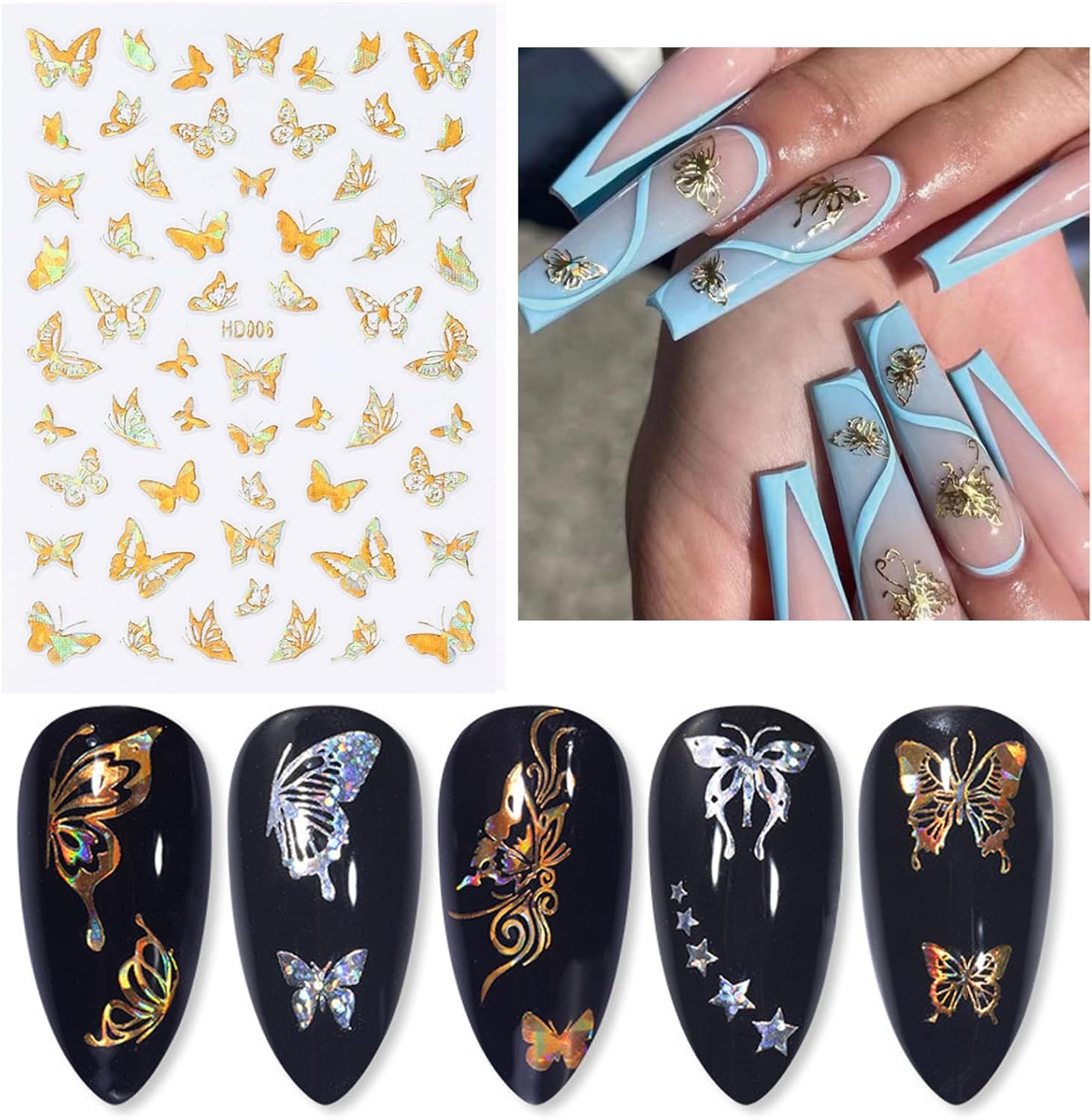 16 Sheets Butterfly Nail Art Stickers Decals 3D Self-Adhesive Gold Metallic Butterfly Nail Stickers Holographic Butterflies Design Nail Art Supplies for Women Acrylic Nail Art Decoration Accessories-GlimoraGlow
