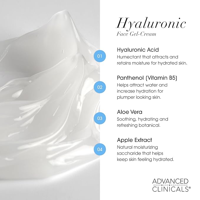 Advanced Clinicals Hyaluronic Acid Moisturizer Gel Face Cream W/Vitamin E + B5 | Hydrating & Vitamin C Face Lotion Hydrates Dry Skin & Improve Look Of Wrinkles & Fine Lines, 2 Fl Oz-GlimoraGlow