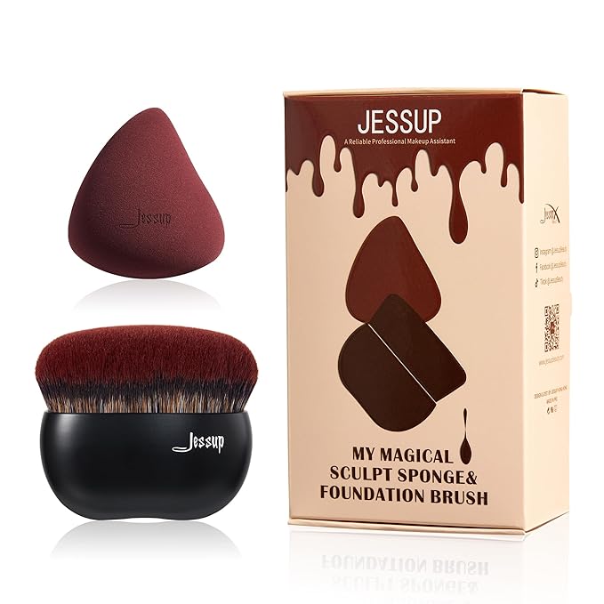 Jessup Foundation Brush with Makeup Sponge, Black Makeup Brush Flat Top Kabuki Brush for Liquid Blending Stippling, T881-GlimoraGlow