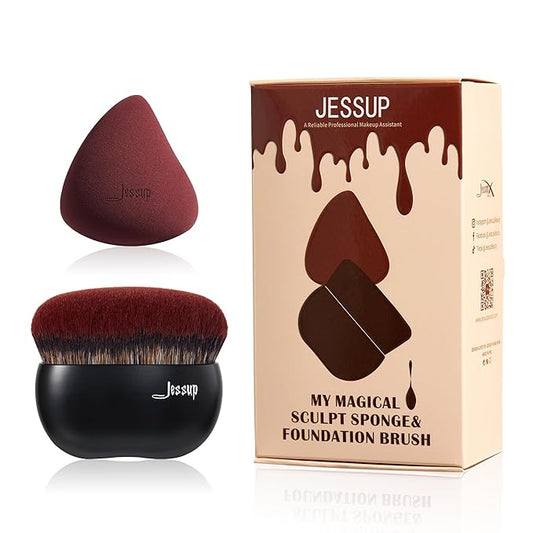 Jessup Foundation Brush with Makeup Sponge, Black Makeup Brush Flat Top Kabuki Brush for Liquid Blending Stippling, T881-GlimoraGlow