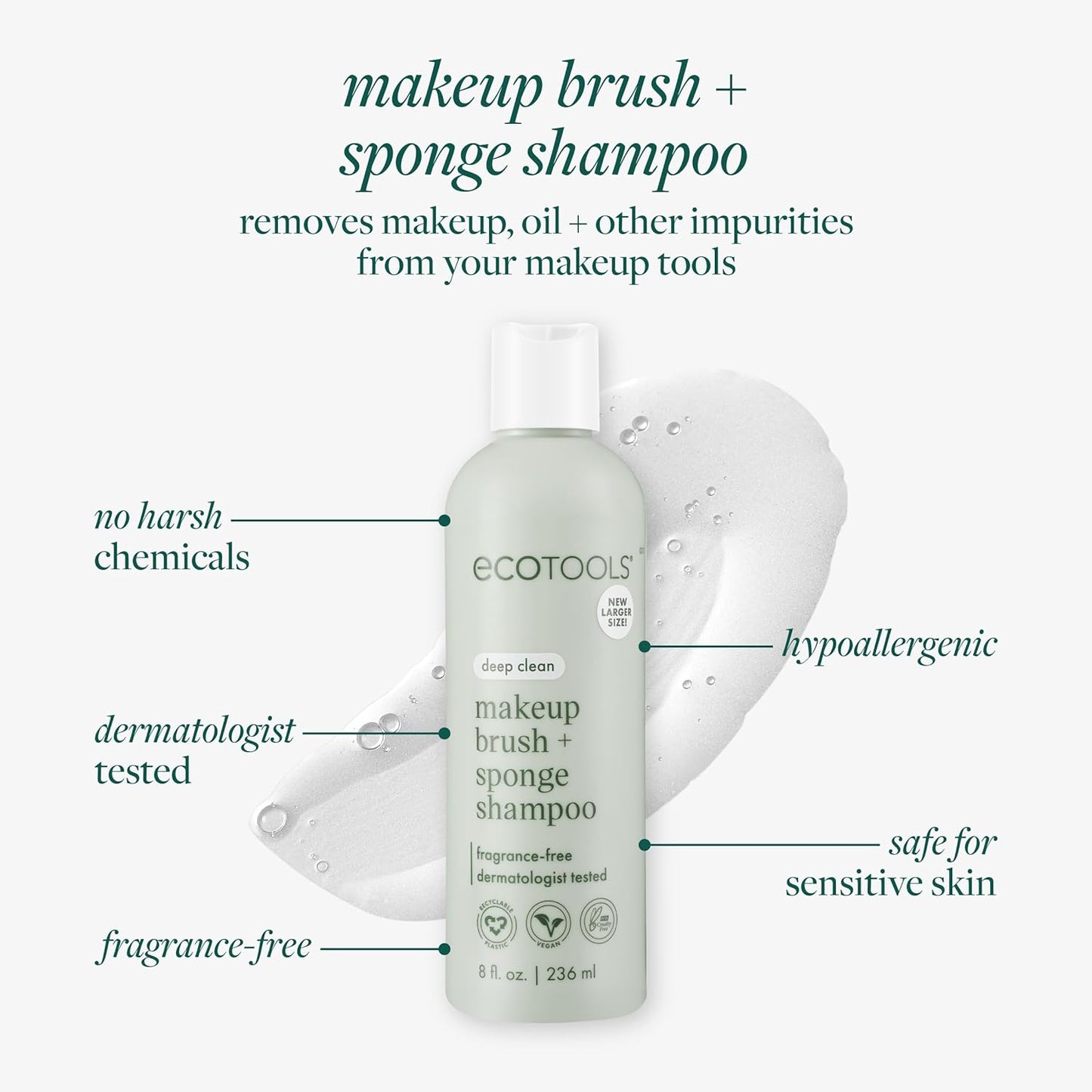 EcoTools Makeup Brush + Sponge Shampoo, Remove Makeup & Impurities From Tools, Sponges, & Puffs, Fragrance-Free Brush Cleanser, No Harsh Chemicals, Vegan, & Cruelty-Free, 8 fl. oz./236 ml. Bottle-GlimoraGlow
