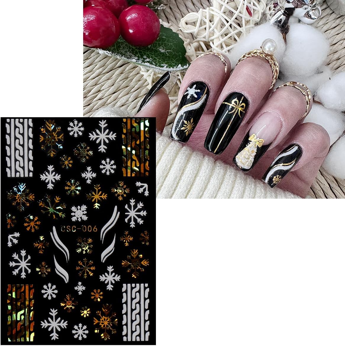 JMEOWIO 8 Sheets Christmas White Glitter Gold Nail Art Stickers Decals Self-Adhesive Snowflake Winter Holiday Nail Supplies Nail Art Design Decoration Accessories-GlimoraGlow