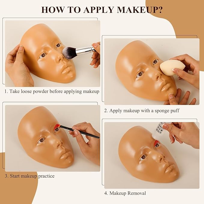 Make Up Practice Face, Face Painting Mannequin Head with Stand, 5D Reusable Silicone Face Practice Board, Mannequin Head for Makeup with Makeup Kit, Practice Face for Makeup Artist & Beginner, Brown-GlimoraGlow