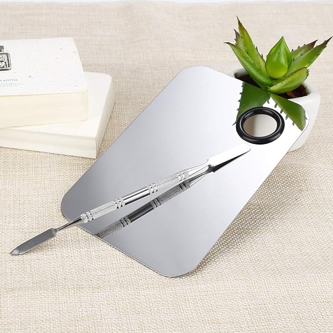 2 Pcs Stainless Steel Cosmetic Makeup Palette, Professional Cosmetic Mixing Makeup Palette Spatula Makeup Artist Tool, Beauty Salon Color Cream Mixing Palette With A Spatula Makeup Nail Art Palette-GlimoraGlow