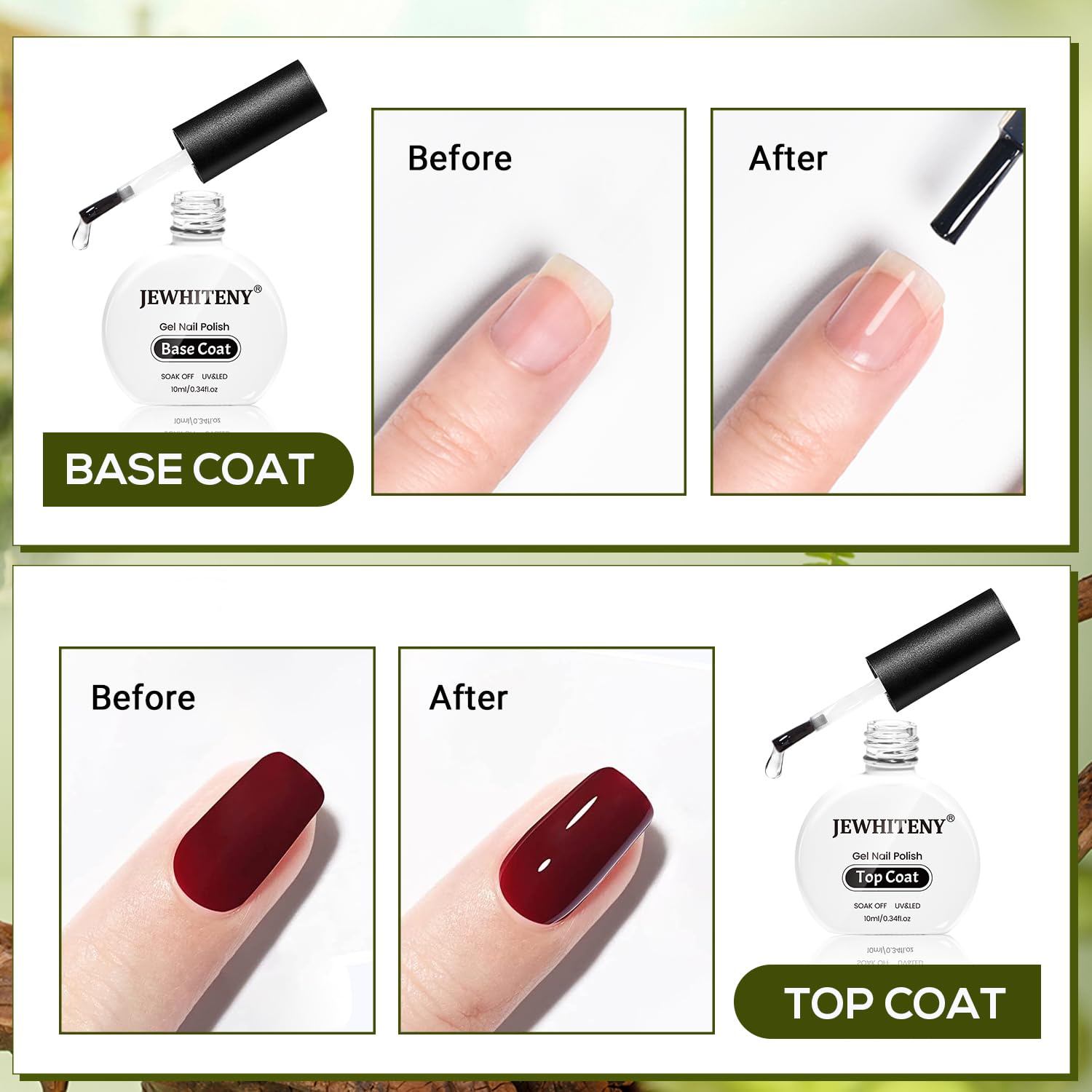 JEWHITENY 2 Bottles 10ML Gel Top Coat and Base Coat Set Gel Polish Long Lasting Glossy Shine Effect DIY Nail Art Design Need U V Lamp Curing-GlimoraGlow