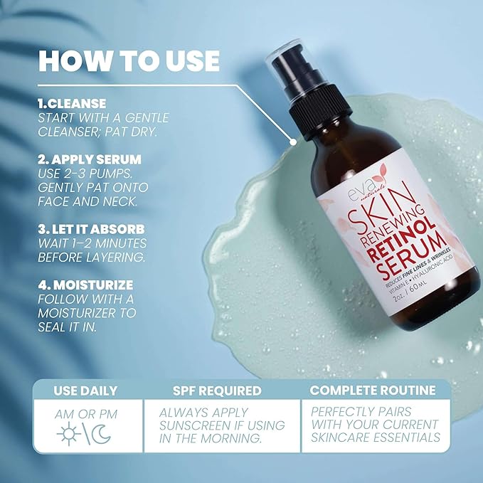 Eva Naturals Retinol Serum for Face – Anti Aging Night Serum with Hyaluronic Acid, Vitamin E, Witch Hazel, Aloe – Wrinkle Moisturizer, Dark Spot Corrector, Acne Scar Treatment, Skin Brightening – 2oz-GlimoraGlow